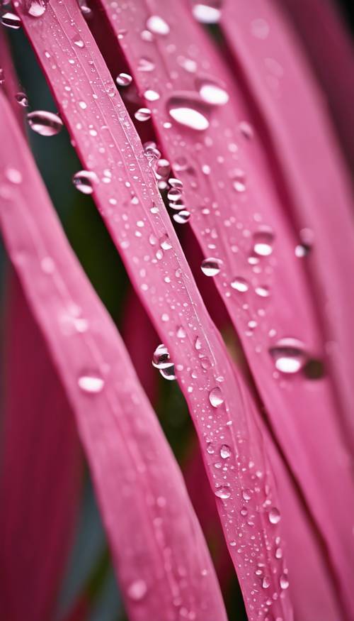 Un primer plano de una hoja de palma rosada, con gotas de agua en su superficie.