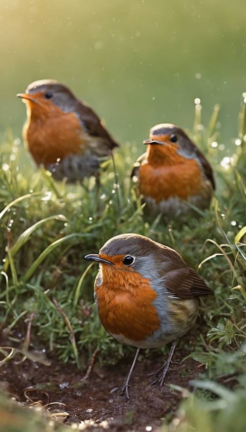 Sekelompok burung robin montok sedang mencari cacing tanah yang berair di rerumputan pagi yang basah kuyup.