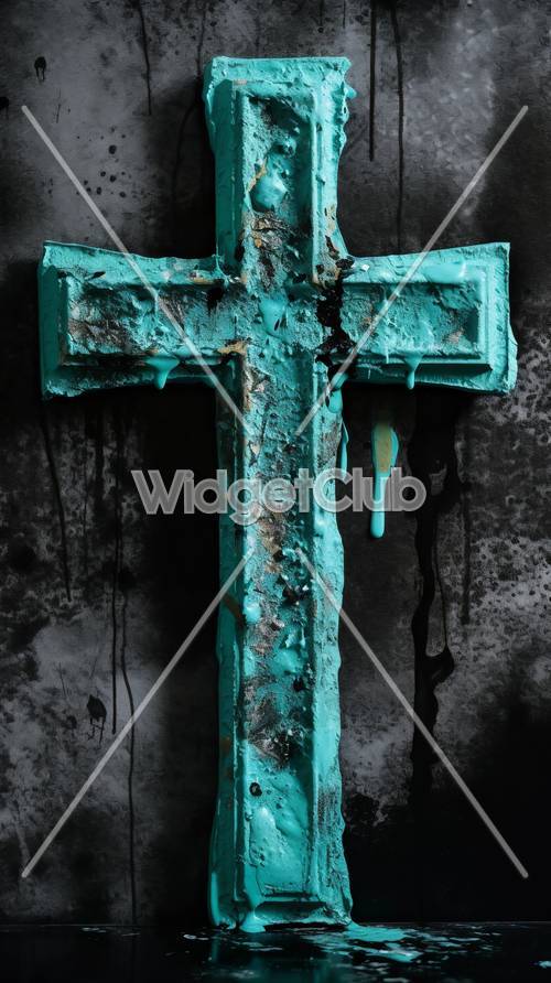 Croce turchese invecchiata con struttura esposta all&#39;aria