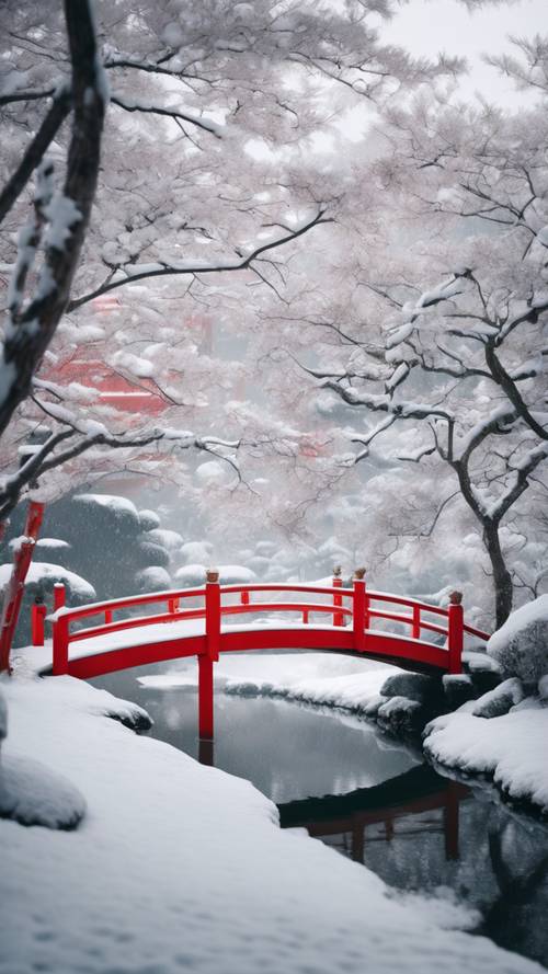 Japoński ogród w śniegu, z wyróżniającym się czerwonym mostem.