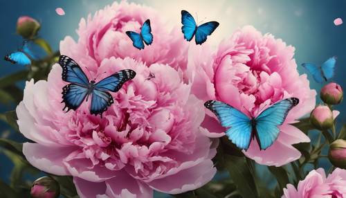 Pink peony flowers with blue butterflies fluttering around.