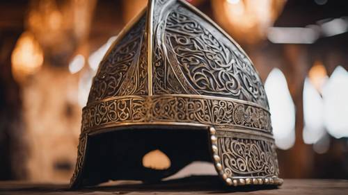 Mahkota tulang di helm kepala suku Viking dengan ukiran mistis, duduk di kapal panjang.