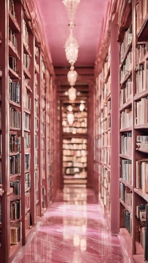 صف من أرفف الكتب المصنوعة من الرخام الوردي في مكتبة عتيقة كبيرة.
