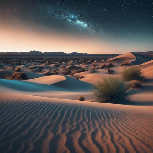 广阔、风吹雨打的蓝绿色沙漠上空的星空繁星点点。