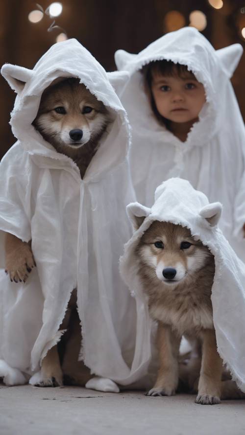 Adorable baby wolves dressed up in sheet ghost costumes, trick or treating on a starry Halloween night