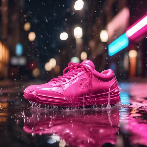 A glowing neon pink sneaker, splashing through a puddle on a city street at night, droplets frozen in mid-air.