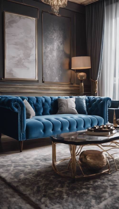 고급스럽고 현대적인 거실에 있는 아름답고 매끄러운 파란색 벨벳 소파의 클로즈업 사진입니다.