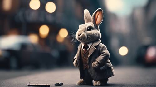 一隻穿著經典偵探裝的兔子，在黑色風格的城市破案。