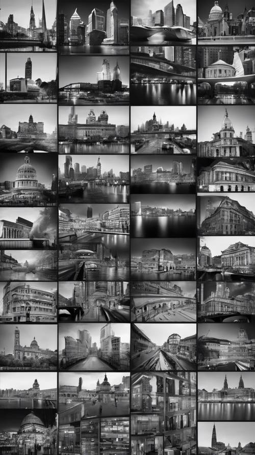 un collage présentant des images en noir et blanc de divers paysages urbains célèbres du monde entier.