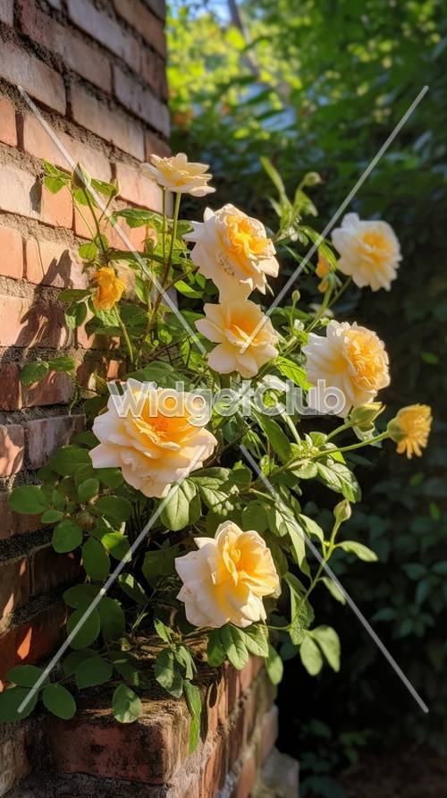 Sunny Yellow Roses on Brick Wall