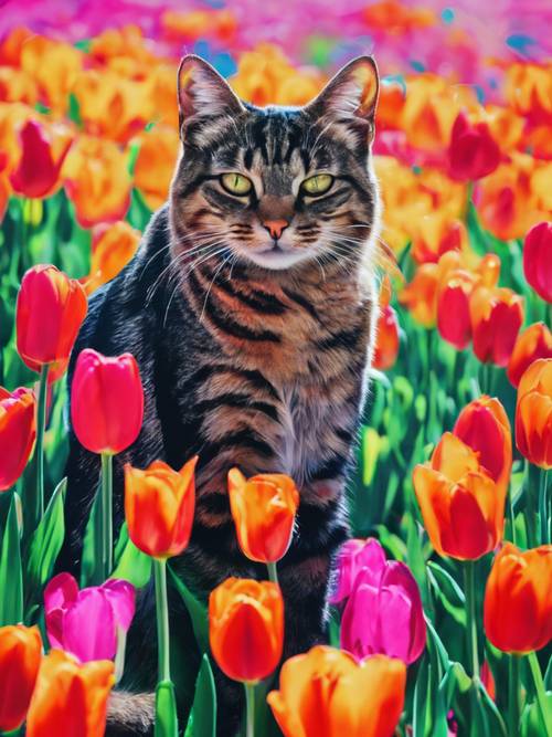 Абстрактная картина с изображением игривого кота мейн-куна среди красочных полей абстрактных тюльпанов в смелых, ярких оттенках.