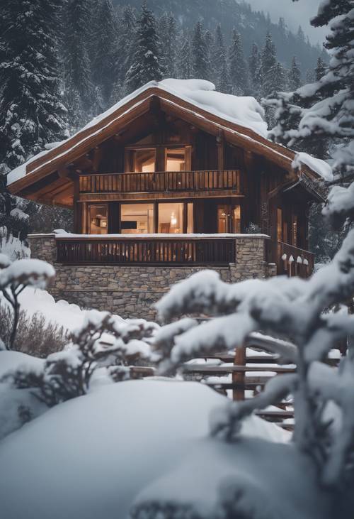 Uno chalet illuminato in modo accogliente che offre un rifugio sicuro in mezzo a un paesaggio montano innevato.