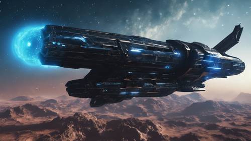 Uma nave espacial preta futurista com propulsores azuis brilhantes explorando as profundezas de uma nebulosa distante.