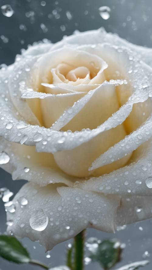 Une rose blanche, avec des gouttes de rosée, vue à travers un matin brumeux.