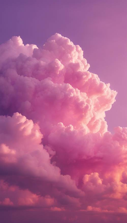 분홍색과 보라색 옴브레 색상으로 일몰 동안 하늘에 푹신한 구름이 있습니다.