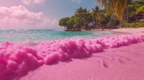 Pink ombre foam on a refreshing tropical beach, where the water recedes leaving a thin layer of froth that transitions from a vibrant fuchsia to a paler, softer shade.