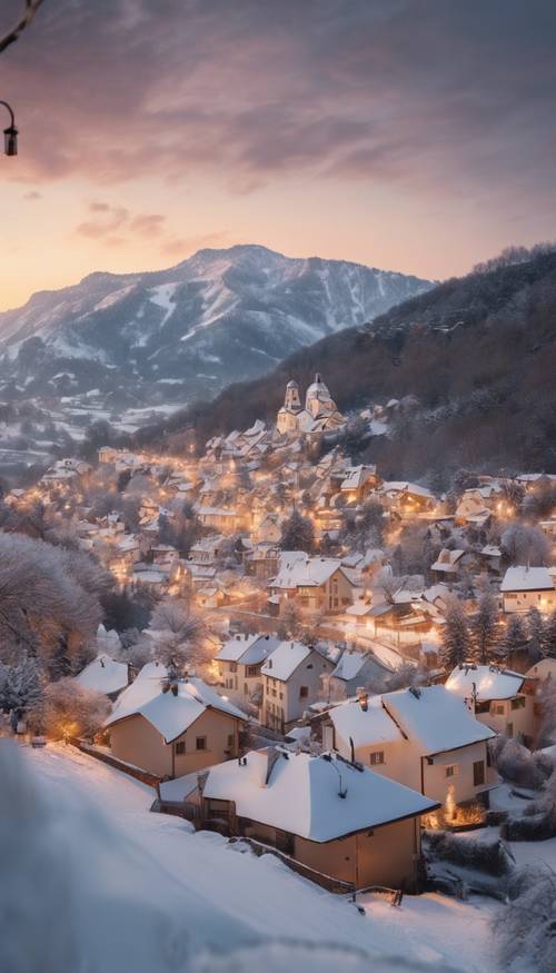 A snowy village nestled in the foothills of a mountain on Christmas eve, white rooftops reflecting the glow of the setting sun. Шпалери [c104a8878489485896c1]