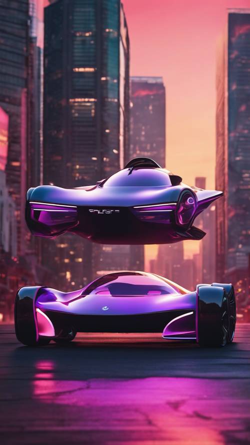 这辆没有轮子、悬空的未来主义概念车，背景是沐浴在霓虹日落光芒中的超现代城市景观。