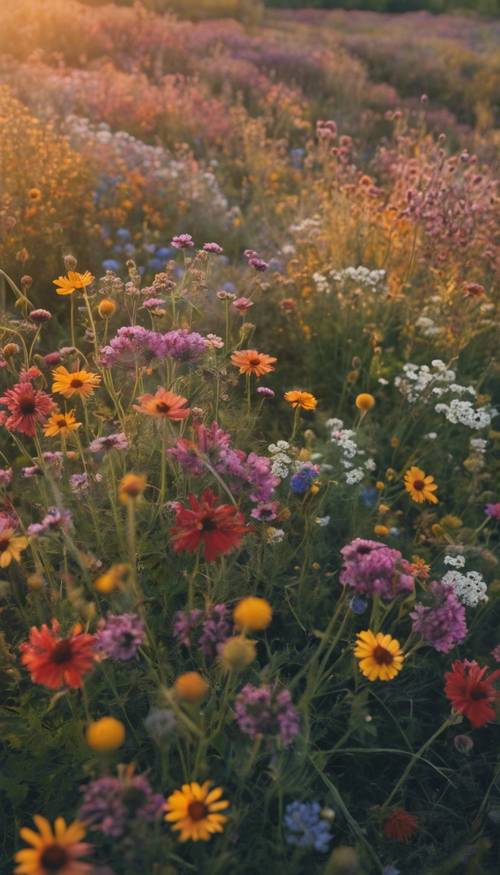 Gün batımında kır çiçeği çayırının havadan görünümü, çeşitli renklerde farklı çiçek çeşitleri.
