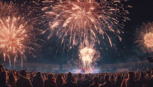 Uma elaborada exibição de fogos de artifício celebrando o Dia da Independência com uma multidão assistindo maravilhada.