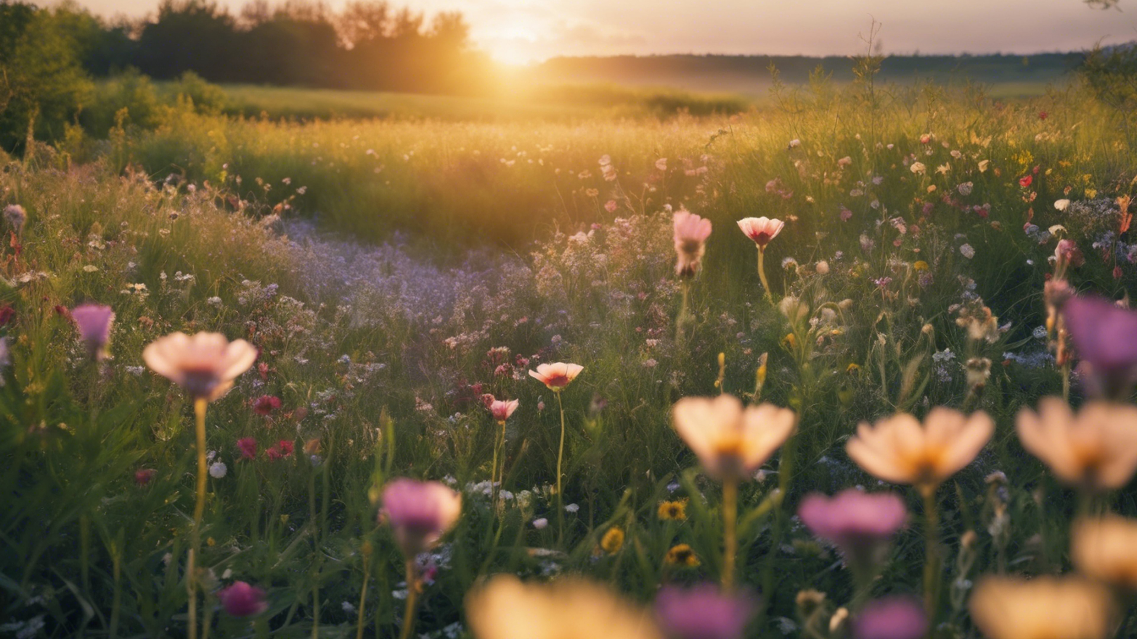 A spring sunrise over a meadow filled with wildflowers.壁紙[4070bad8dbef44d2885a]