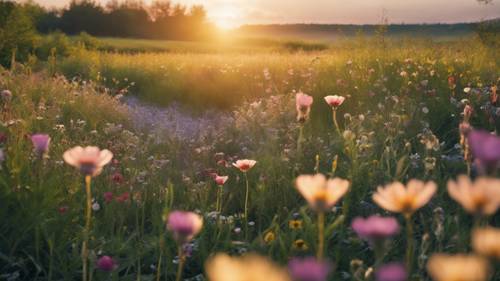 A spring sunrise over a meadow filled with wildflowers.