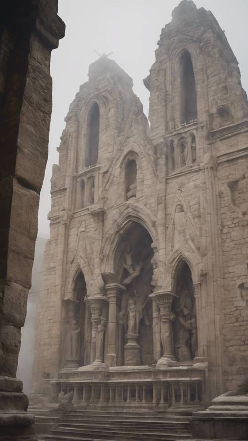 Kiến trúc chi tiết bằng đá của một nhà thờ cổ kính, đầy những tác phẩm điêu khắc trong Kinh thánh, mờ dần trong sương mù.