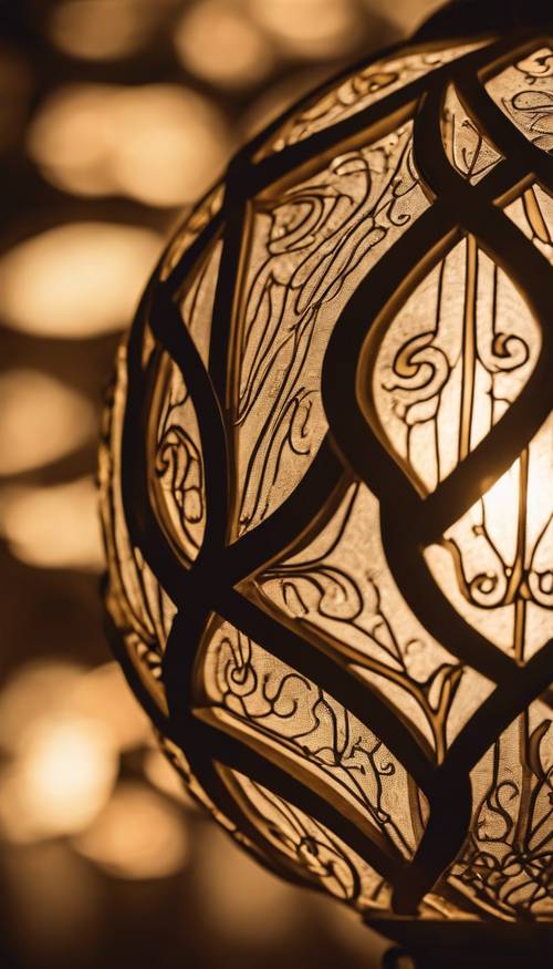 A close-up of the intricate designs on a brass Art Nouveau lamp, with a warm, diffused light illuminating the patterns. Валлпапер [d4a6d1aff74143ddb5d2]