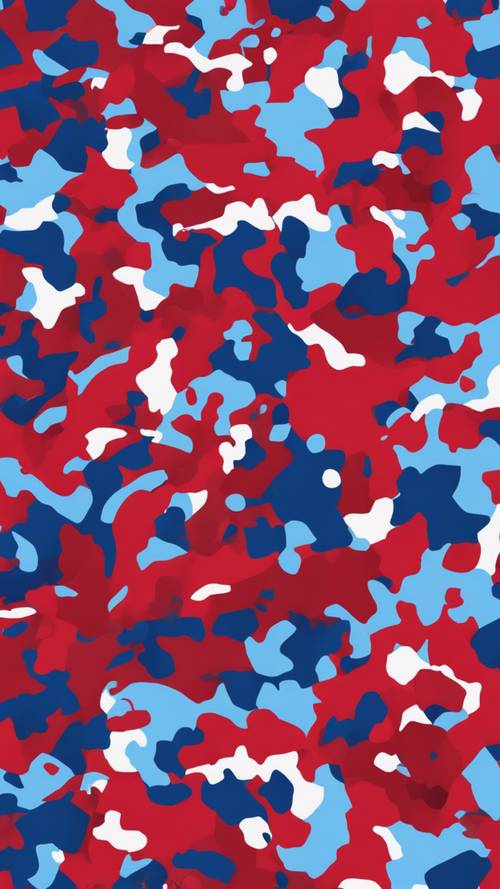 Padrão de camuflagem em tons de vermelho e azul distribuídos aleatoriamente.
