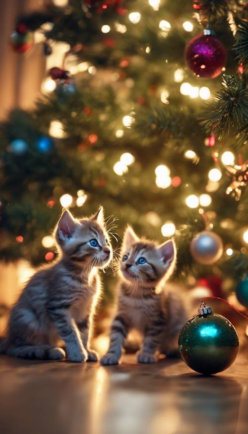 Un groupe de chatons joueurs poursuivant des décorations de Noël étincelantes sous un sapin de Nouvel An décoré de couleurs vives.