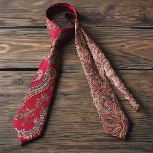 An elegant vintage paisley necktie, laid flat on an oak table.