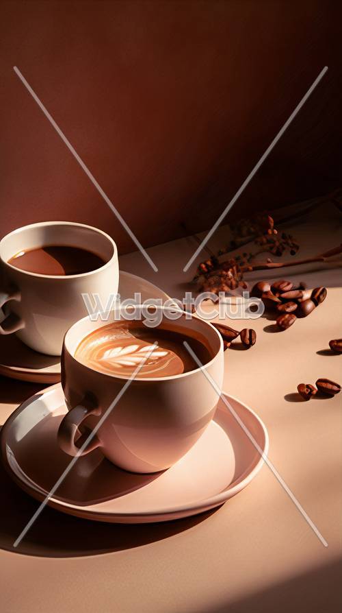 Arte em xícaras de café e grãos