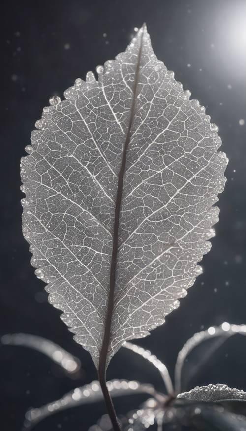 A dew-kissed white leaf on a black background, outlined by the soft light of dawn