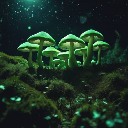 A surreal landscape with giant, green luminescent mushrooms in a pitch black night.