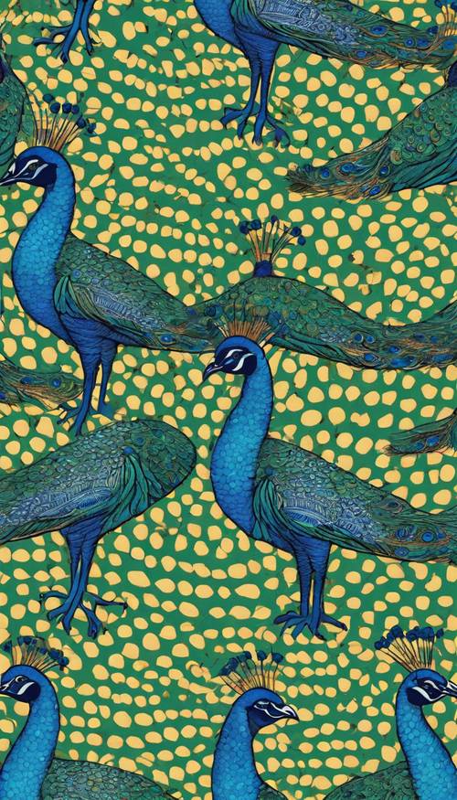 A seamless pattern of peacocks in traditional Indian art style with rich blue and green colors.