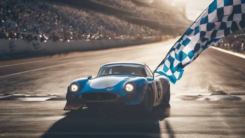Lá cờ ca-rô màu xanh được vẫy ở vạch đích của một cuộc đua ô tô.