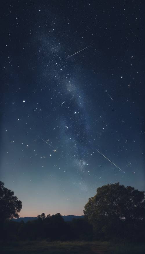 Um céu azul escuro repleto de estrelas formando constelações logo após o crepúsculo.