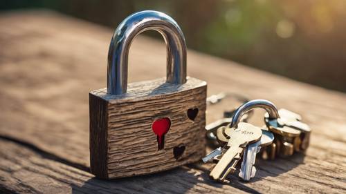 一张质朴的木桌上放着一把心形锁，上面有两把钥匙，象征着结合和承诺。