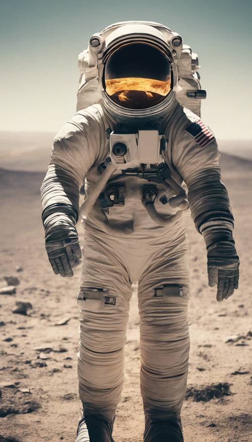 Астронавт, плывущий в космосе, с радугой нейтрального цвета на горизонте Земли.