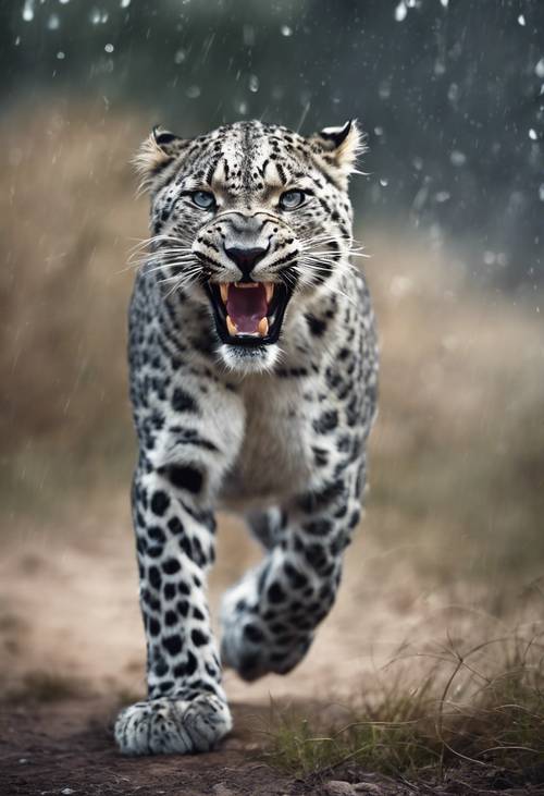 A fierce gray leopard mid-roar, asserting its dominance in the face of a thunderstorm.