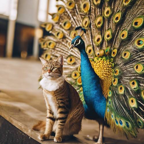 A friendly face-off between a golden peacock and a tabby cat.