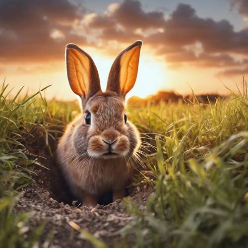 Um coelho cavando um buraco em um campo gramado com um pôr do sol ao fundo.