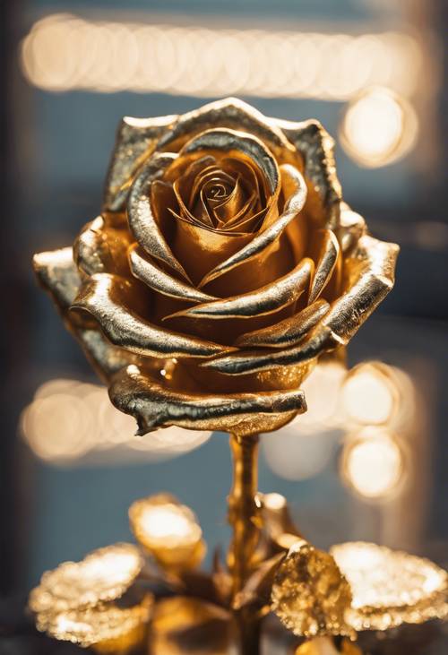 A gold rose reflectively gleaming in a mirror