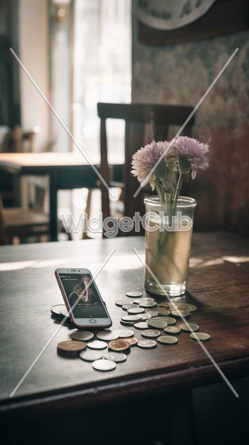 Đồng xu, điện thoại và hoa trên bàn