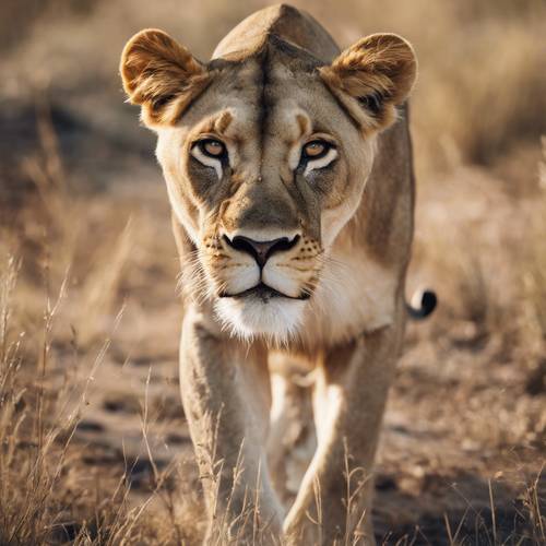 Uma leoa graciosa com olhos penetrantes perseguindo sua presa em Savannah.