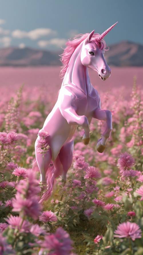 Un modello 3D di un unicorno rosa che saltella in un campo di fiori selvatici.