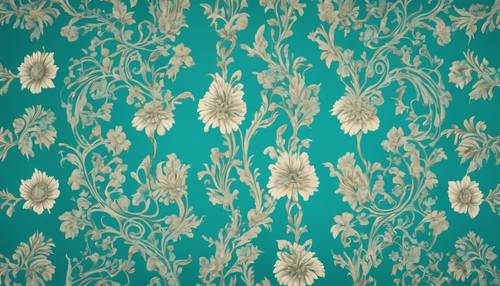 A turquoise floral patterned wallpaper with elegant designs and a suede texture.