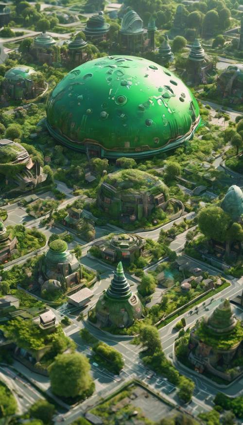 A bustling alien town on a vivid green planet.