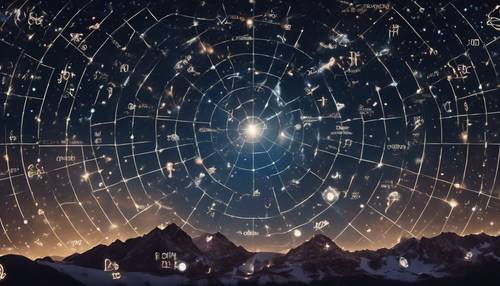A wide panoramic view of the constellations in the night sky showing all the zodiac signs.