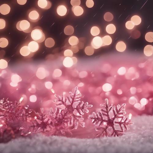 Szereg różowych płatków śniegu opadających delikatnie na tle światełek bożonarodzeniowych.